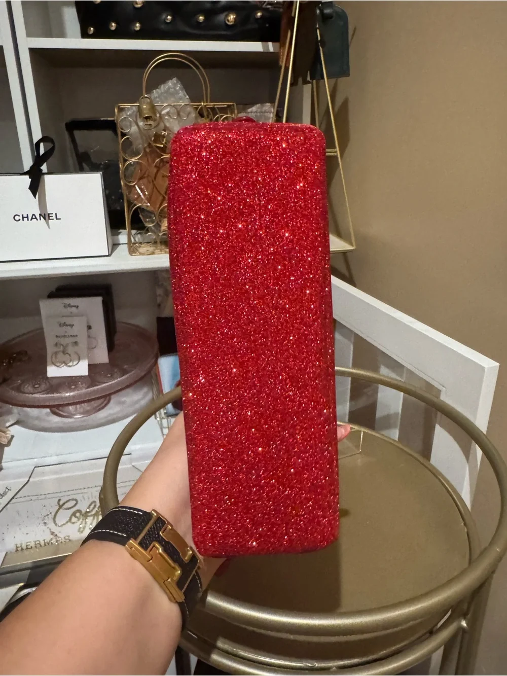 Jimmy Choo Red Glitter Dome Cosmetic Pouch with Gold Emblem